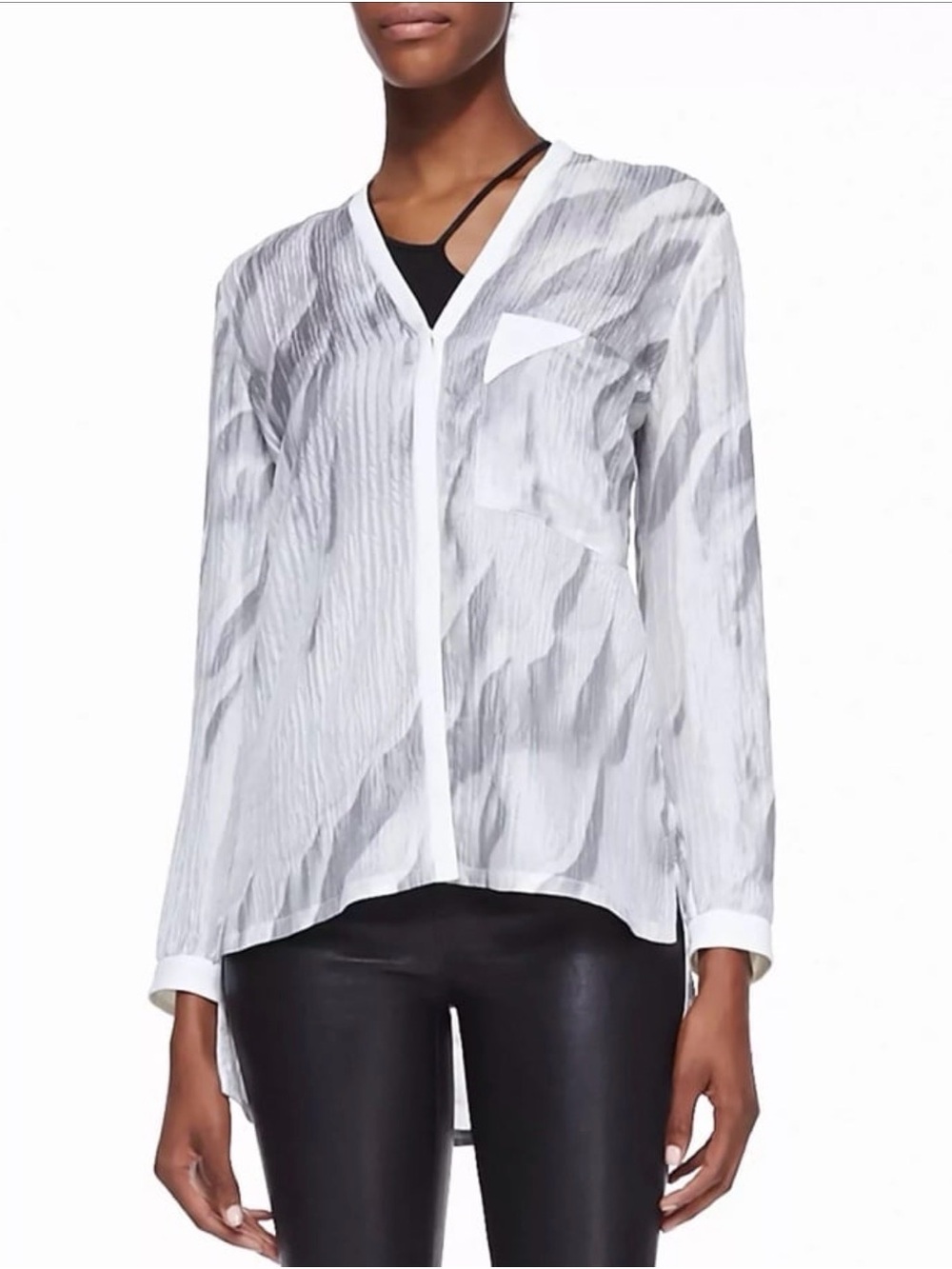 Helmut Lang Women’s V-Neck Blouse 100% Silk Mars Print White & Gray